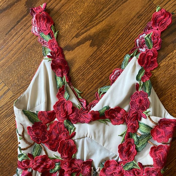 LAST CHANCE: Alice + Olivia Embroidered Red Floral V-Neck Gown - Size 0 - Picture 12 of 16
